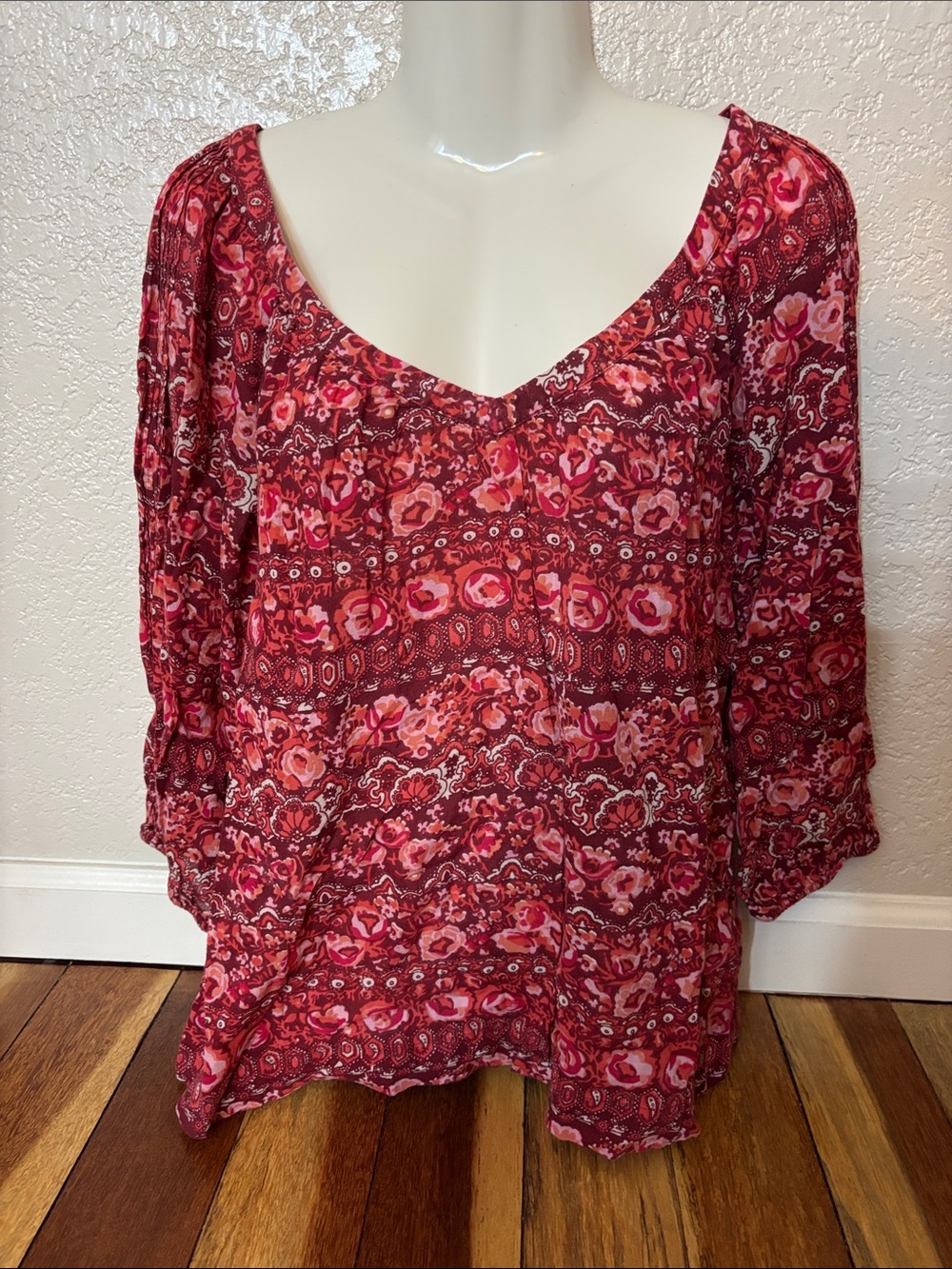 Lucky Brand Pink and Red Floral Scoop Neck Blouse